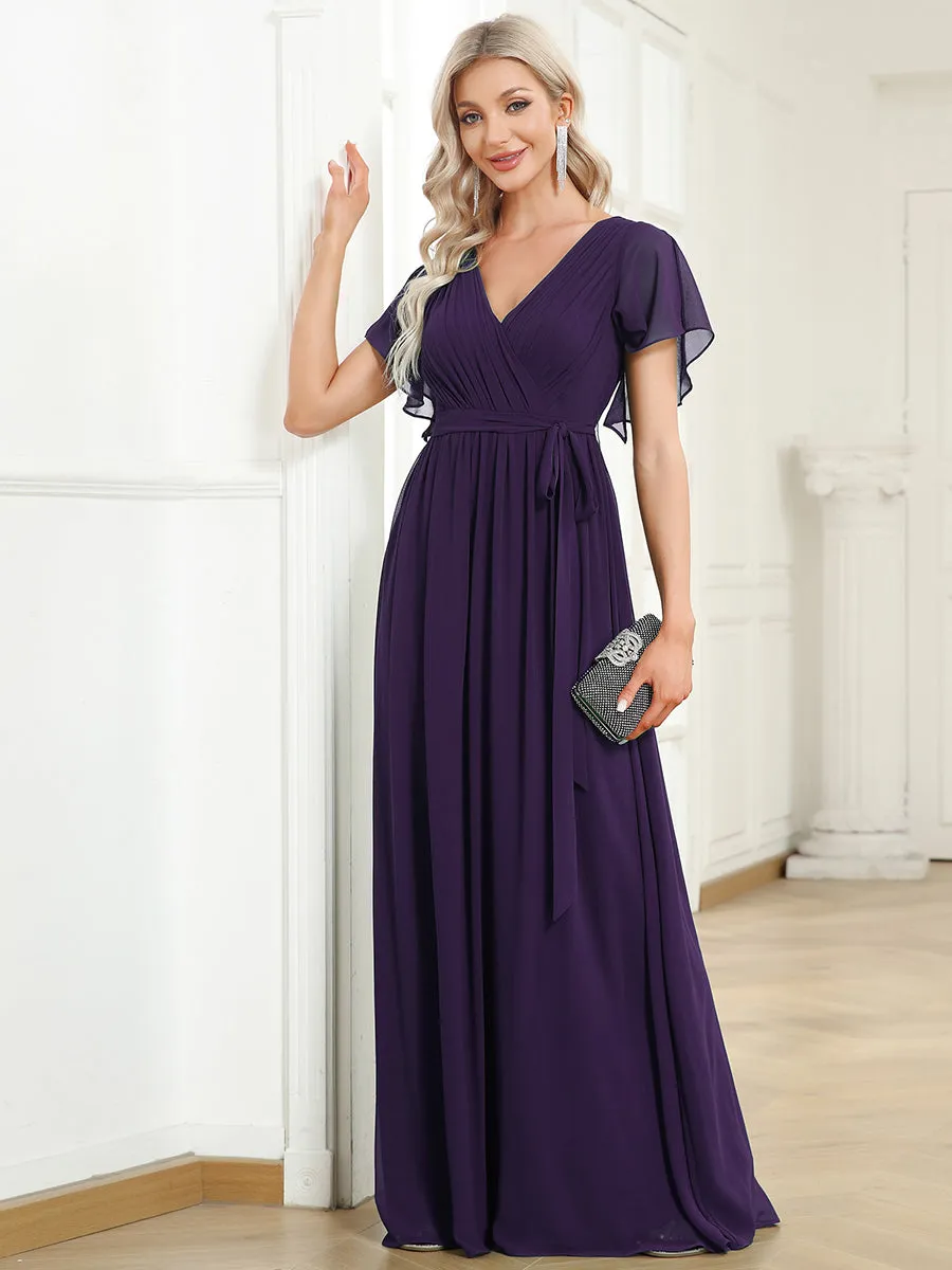 A Line Wholesale Bridesmaid Dresses with Deep V Neck Ruffles Sleeves