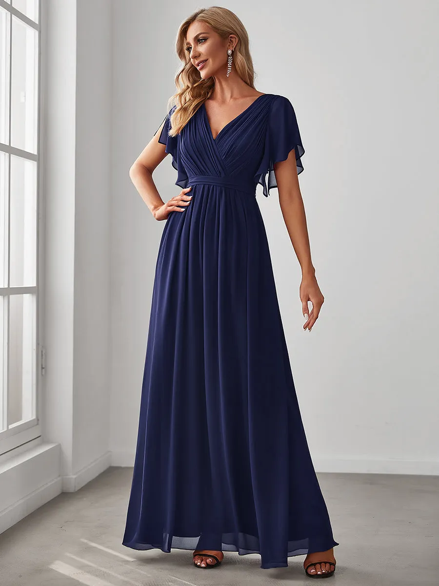 A Line Wholesale Bridesmaid Dresses with Deep V Neck Ruffles Sleeves