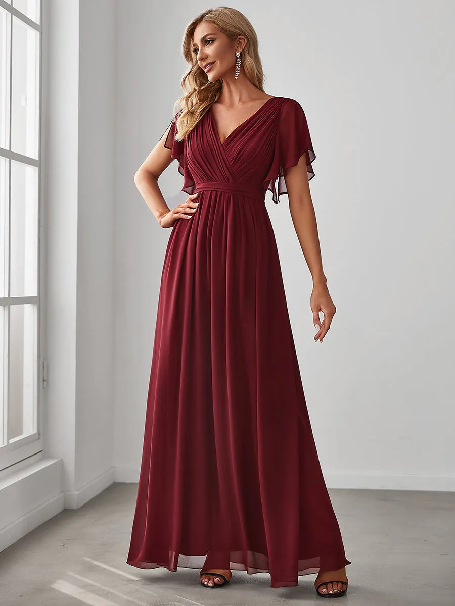 A Line Wholesale Bridesmaid Dresses with Deep V Neck Ruffles Sleeves