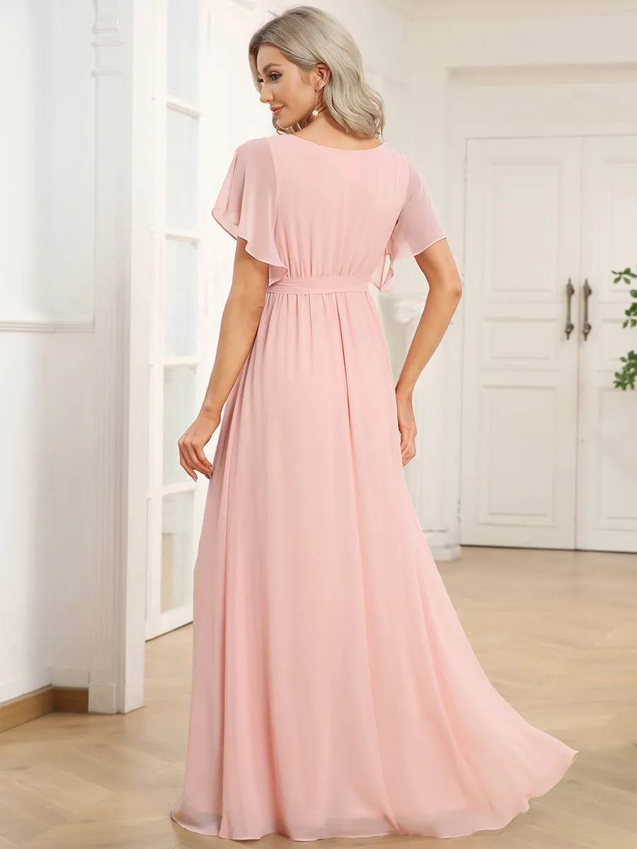 A Line Wholesale Bridesmaid Dresses with Deep V Neck Ruffles Sleeves