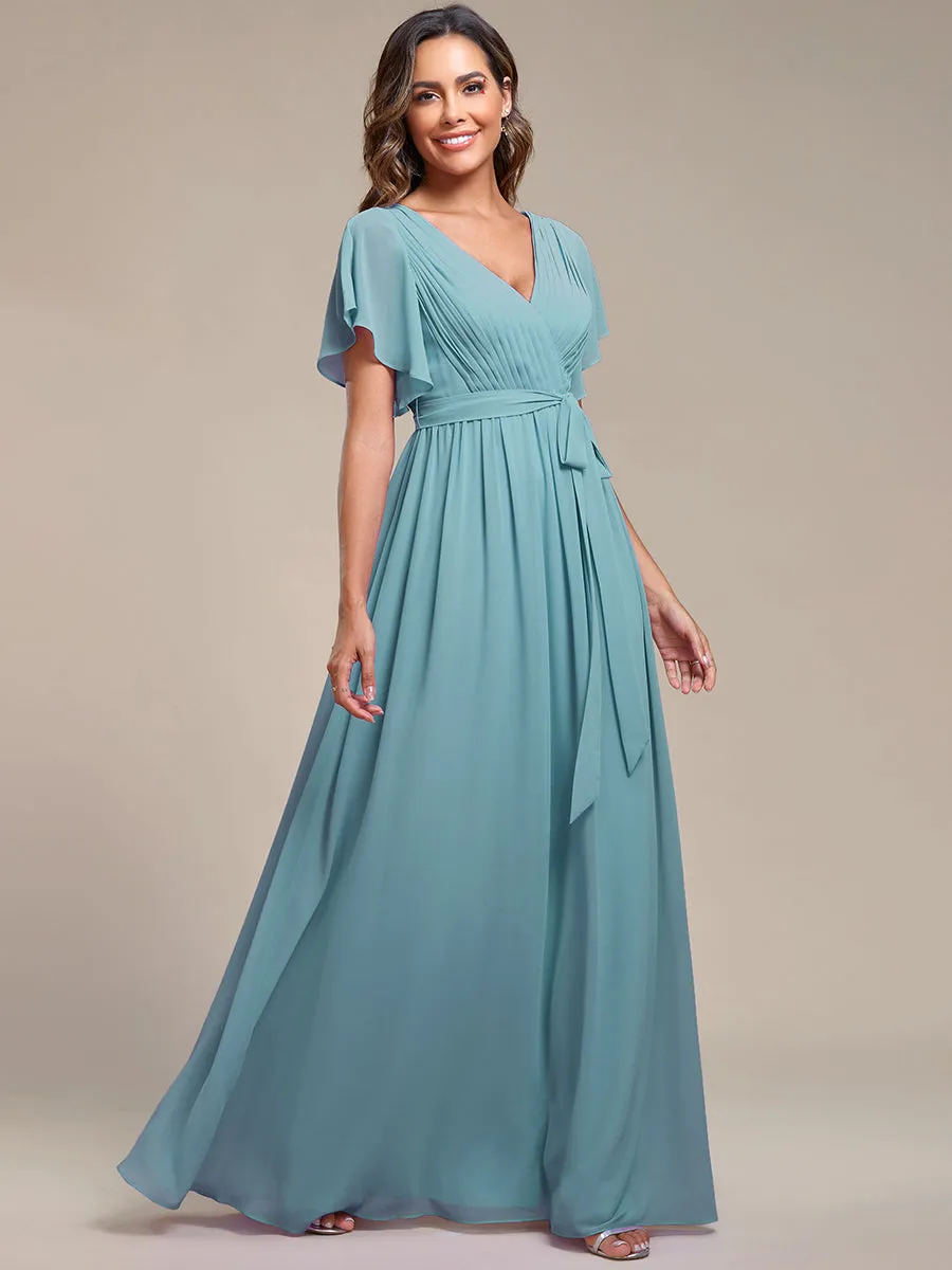 A Line Wholesale Bridesmaid Dresses with Deep V Neck Ruffles Sleeves