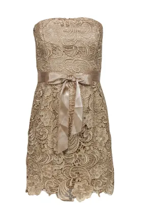 Adrianna Papell - Golden Champagne Strapless Lace Cocktail Dress Sz 4