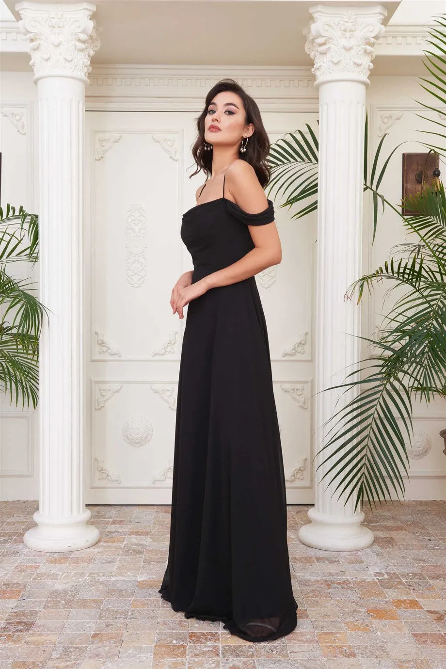 Angelino black chiffon low arm long evening dresses