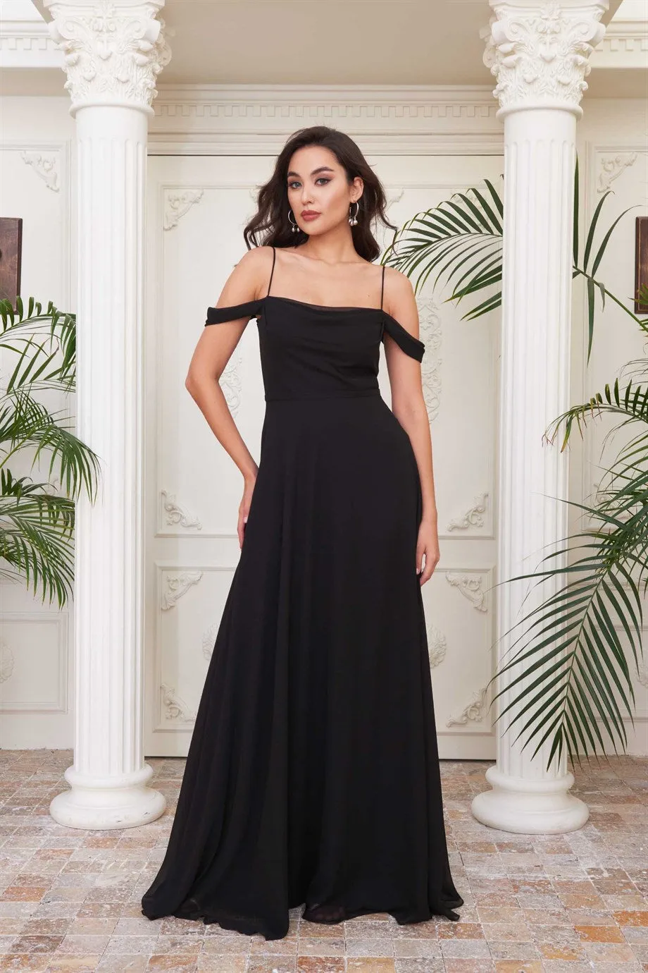 Angelino black chiffon low arm long evening dresses