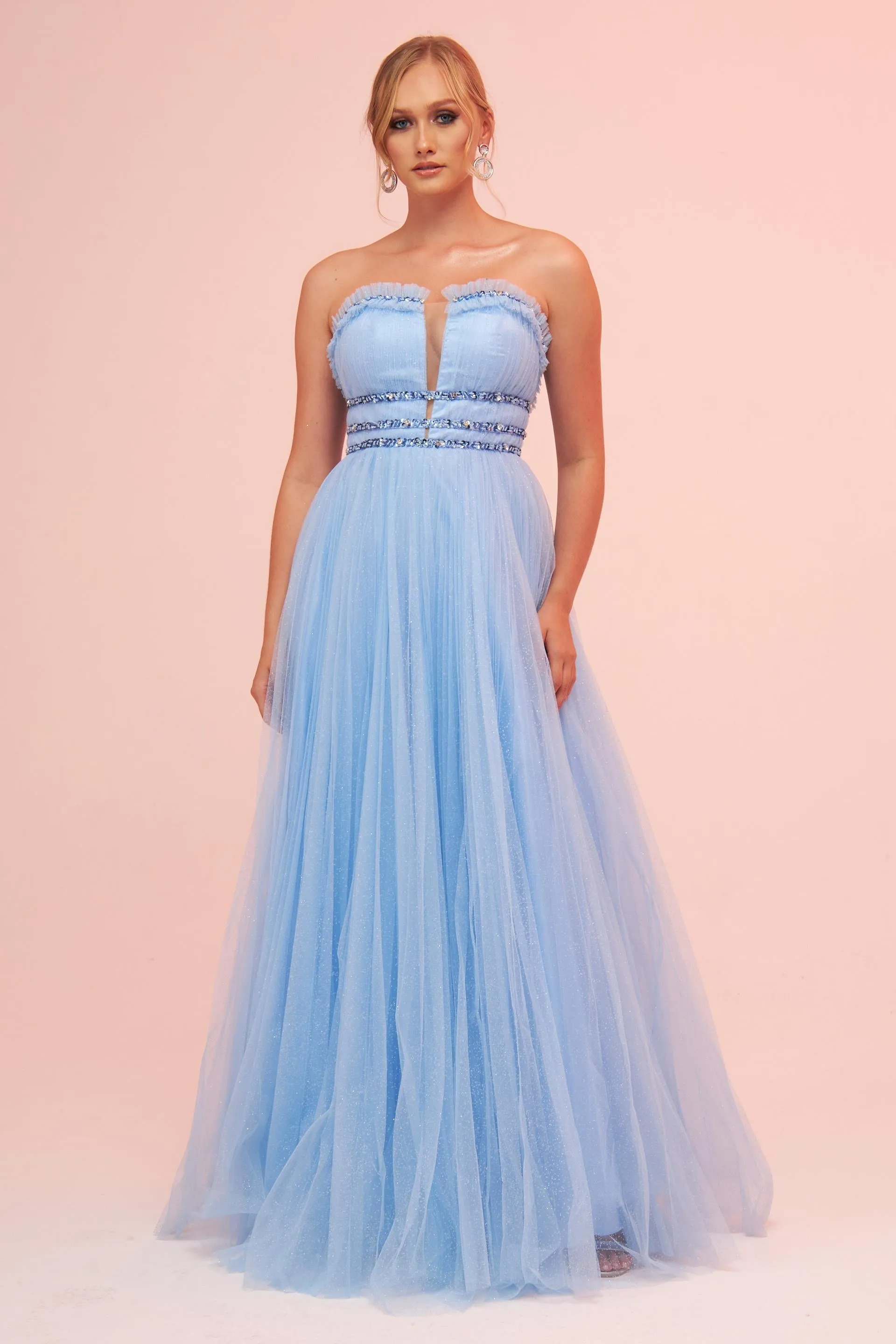 Angelino Blue Strapless Backless Tulle Engagement Dress