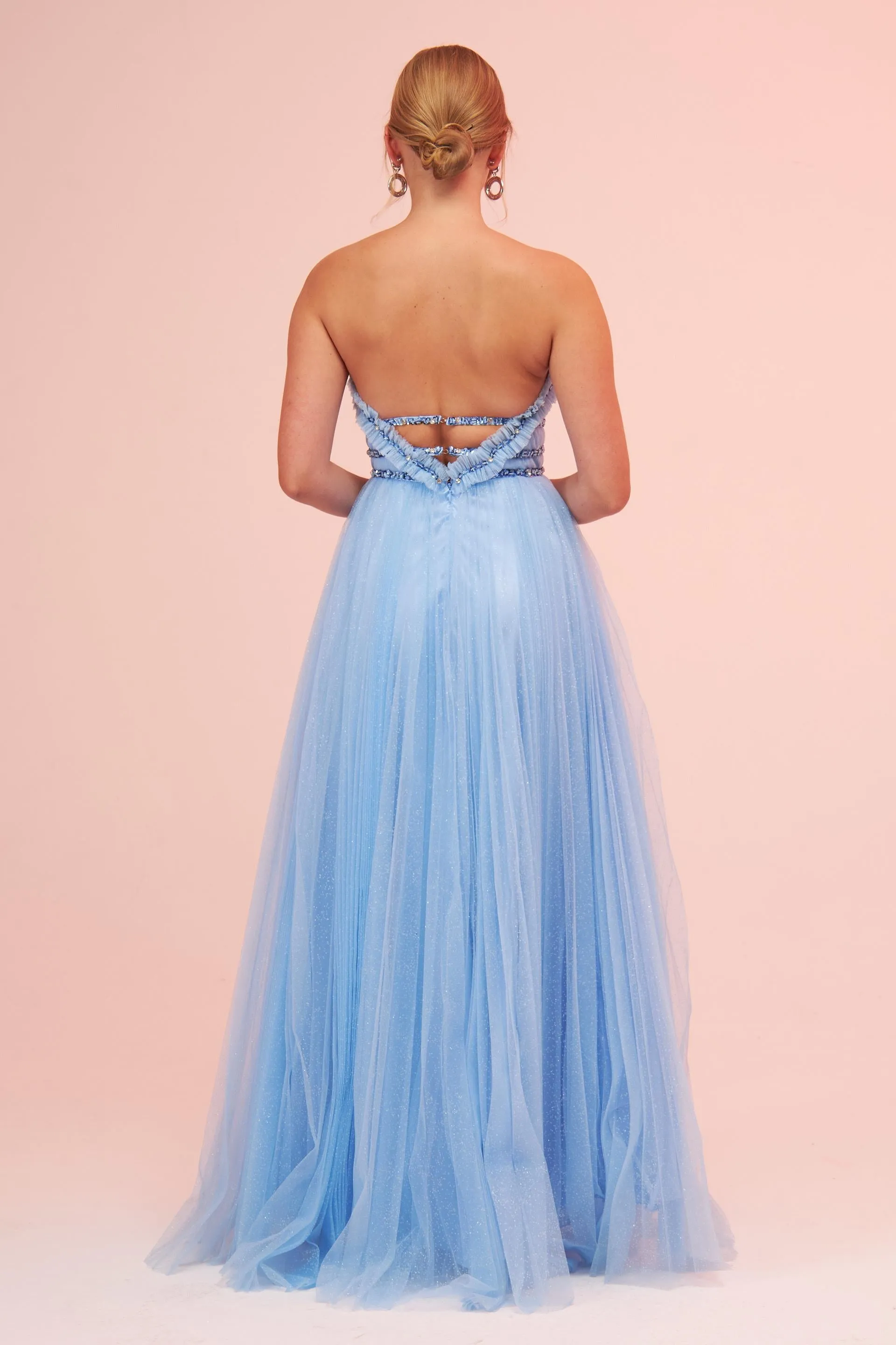 Angelino Blue Strapless Backless Tulle Engagement Dress