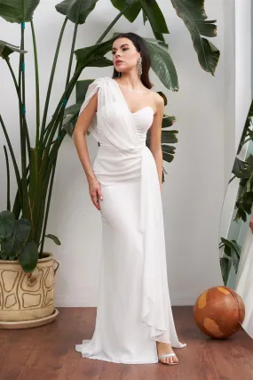 Angelino Ecru Chiffon One Shoulder Slip Long Wedding Dress