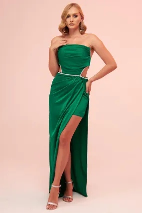 Angelino Emerald Satin Strapless Long Evening Dress with Side Slit