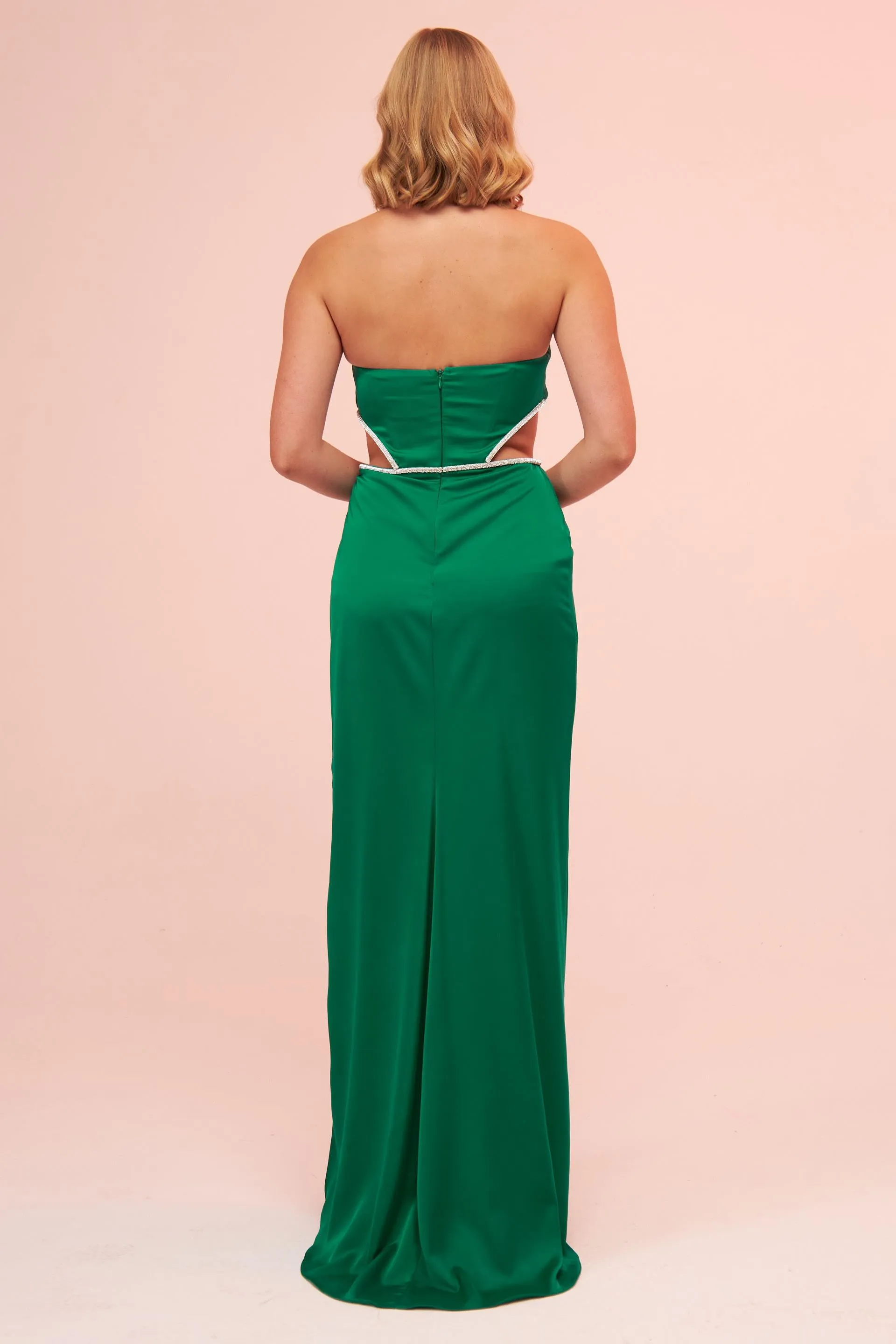 Angelino Emerald Satin Strapless Long Evening Dress with Side Slit