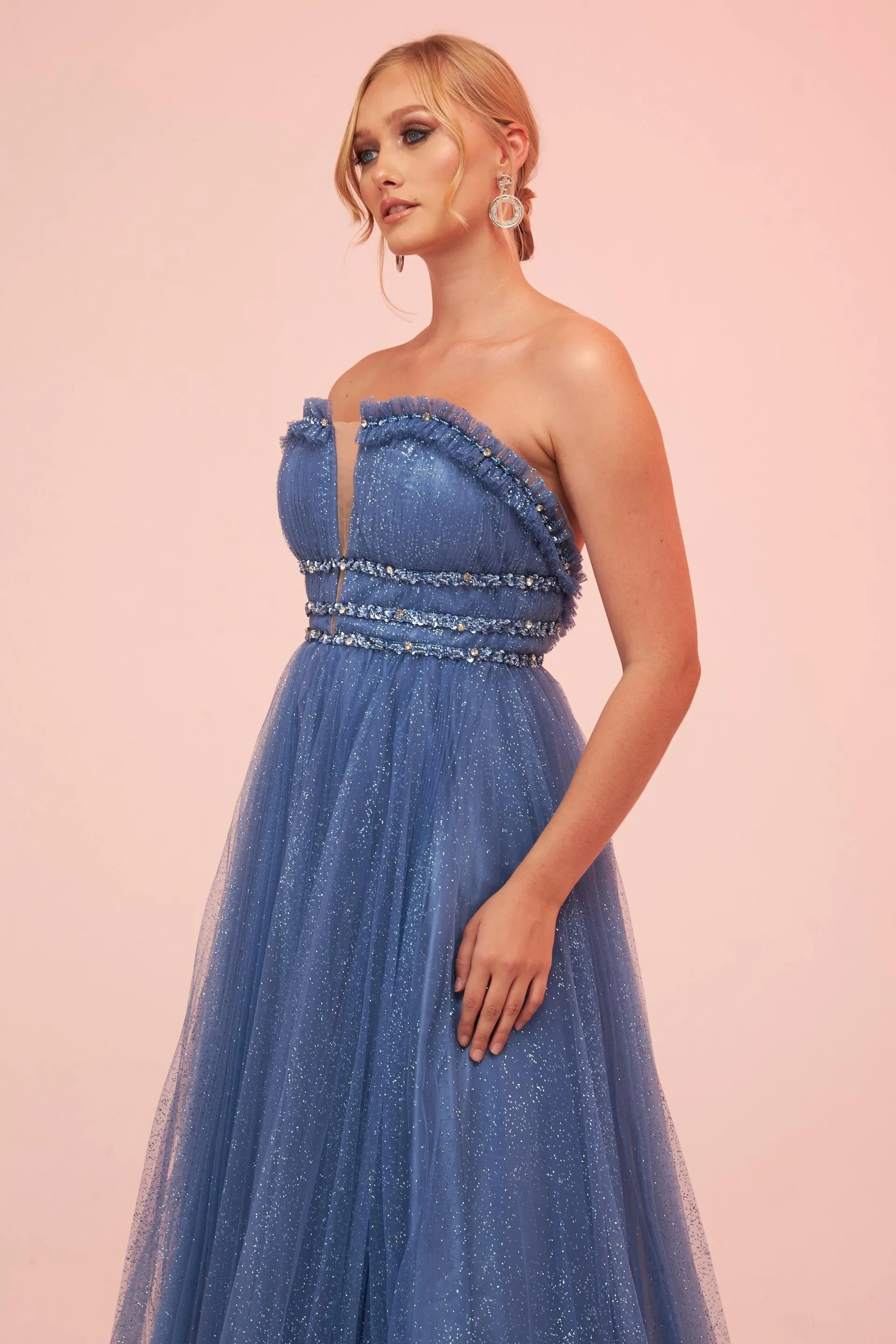 Angelino Indigo Strapless Backless Tulle Engagement Dress