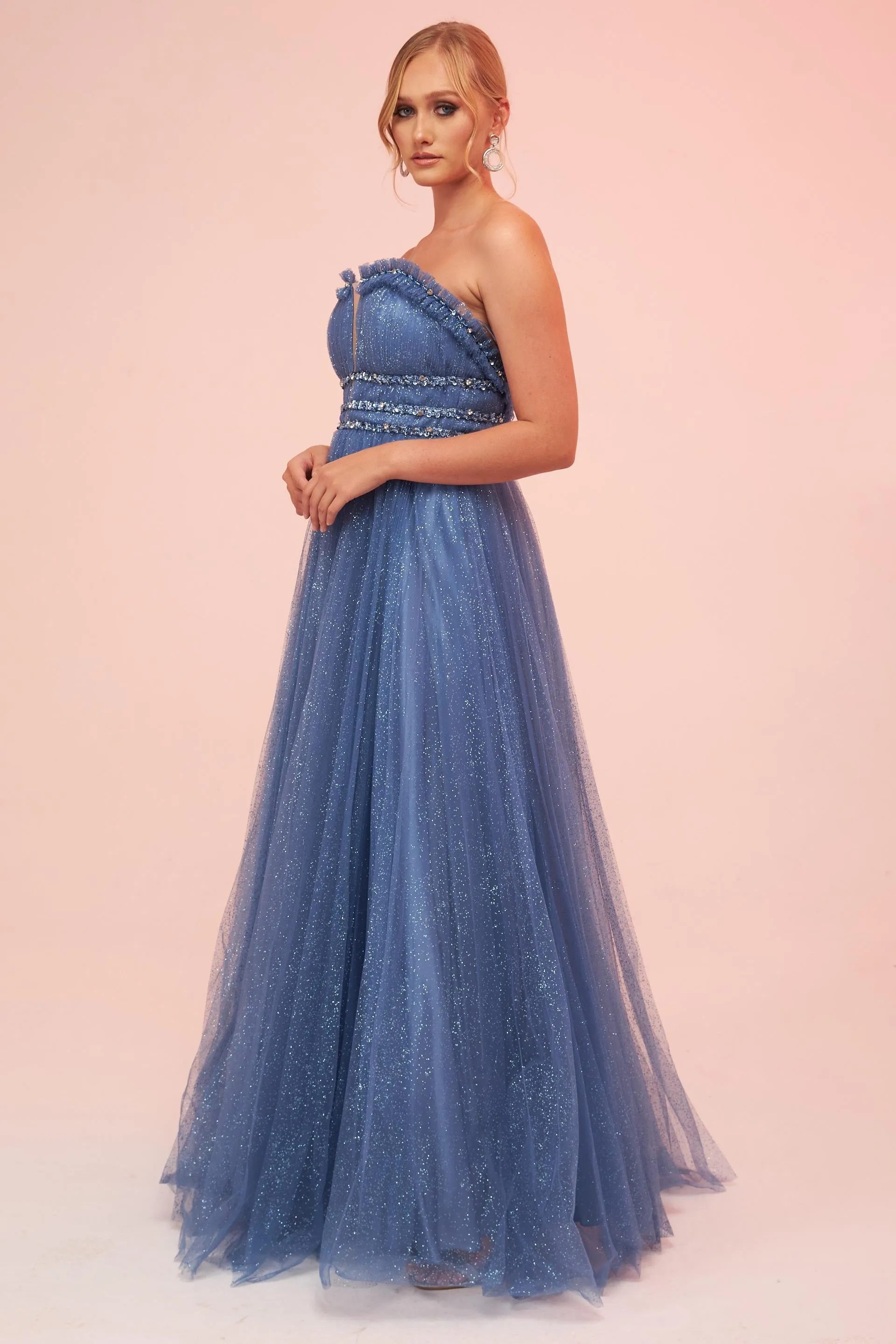 Angelino Indigo Strapless Backless Tulle Engagement Dress