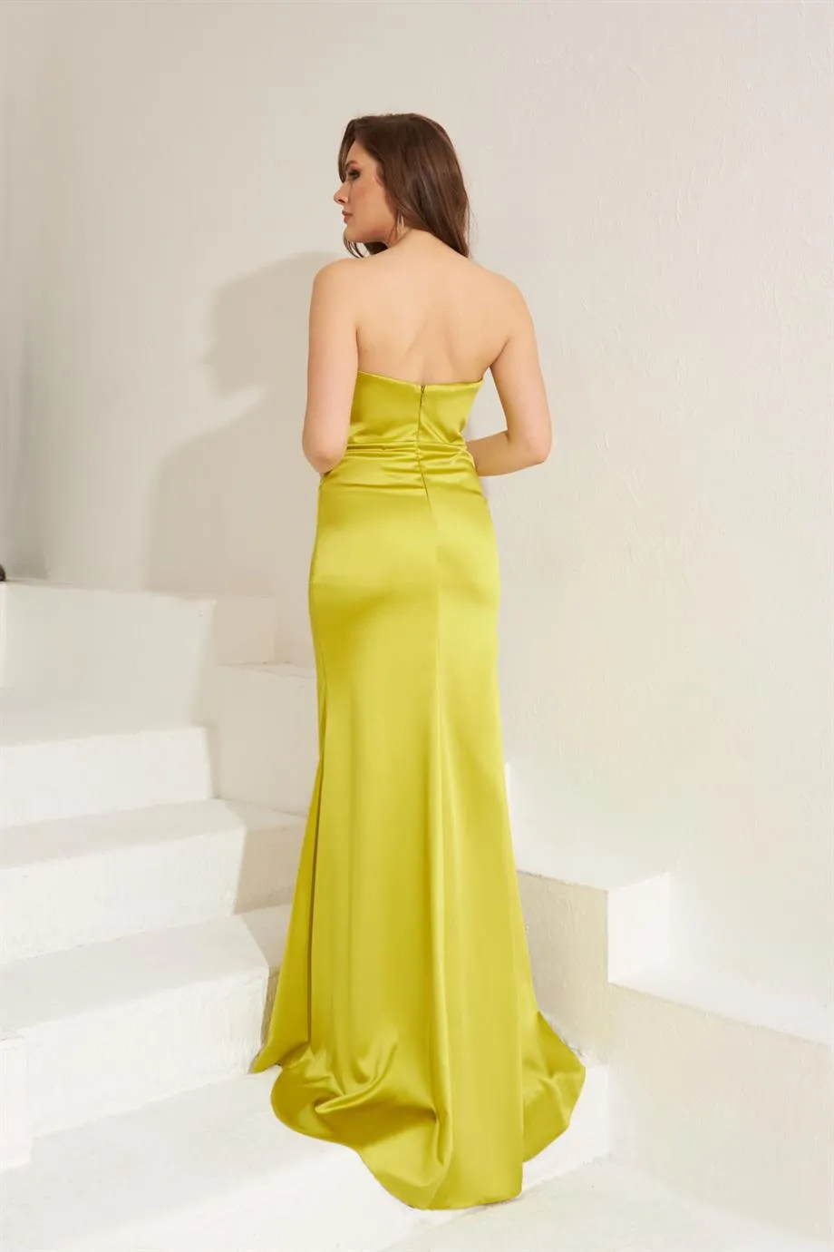 Angelino Peanut Green Satin Strapless Embroidered Long Evening Dress