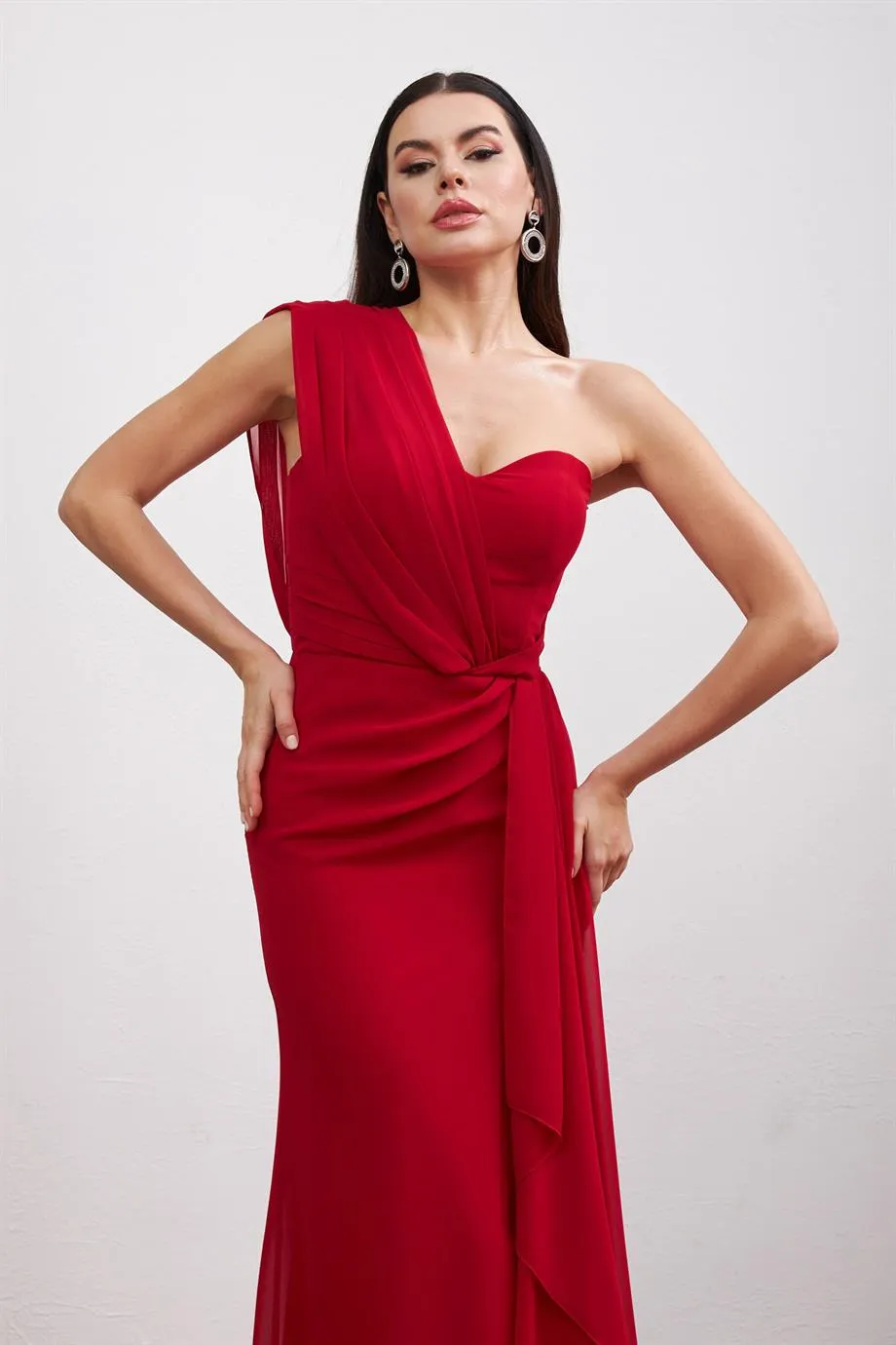 Angelino Red Chiffon One Shoulder Slip Long Evening Dress