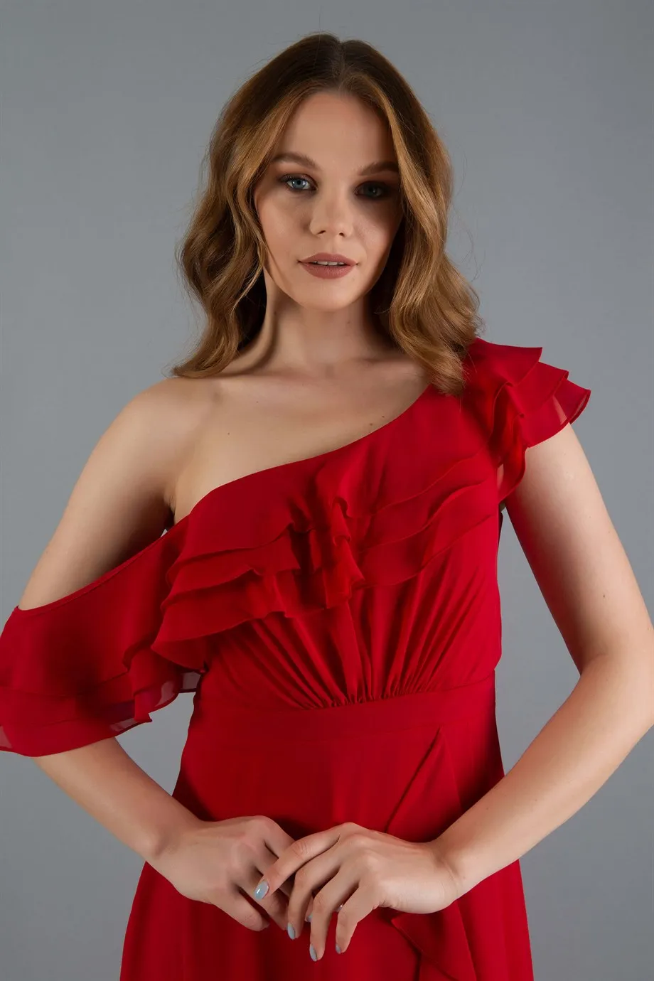 Angelino Red Chiffon Shoulder Dress with Flated Slit Dress