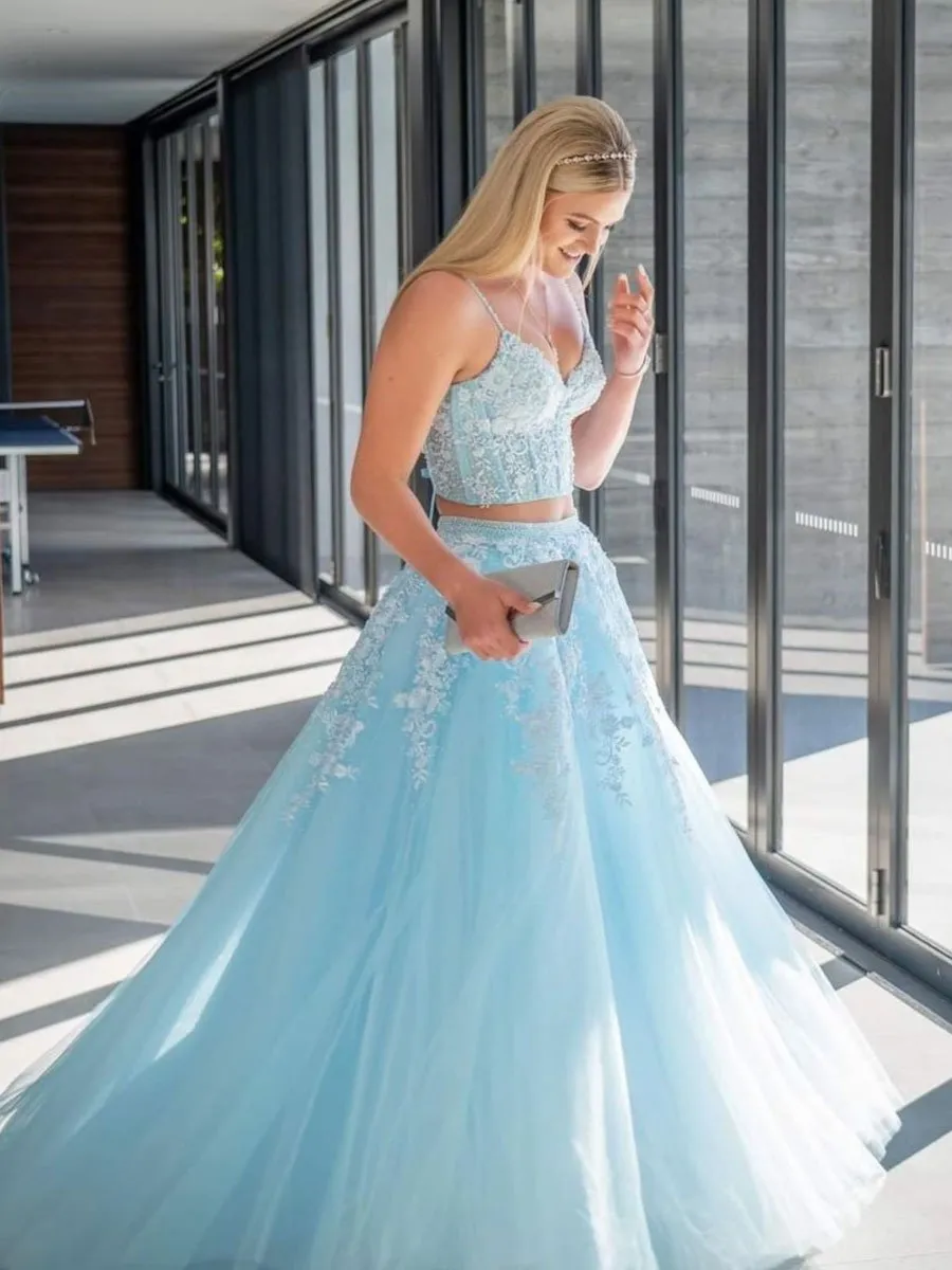 Appliques Two Pieces Light Blue Tulle Lace Formal A Line Evening Dresses Long Prom Dresses