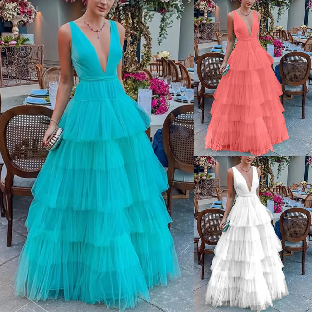 Aqua Blue Layered Tulle Prom Dresses V-neck FD2050