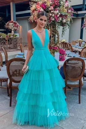 Aqua Blue Layered Tulle Prom Dresses V-neck FD2050