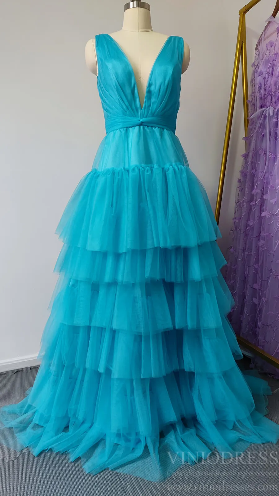 Aqua Blue Layered Tulle Prom Dresses V-neck FD2050