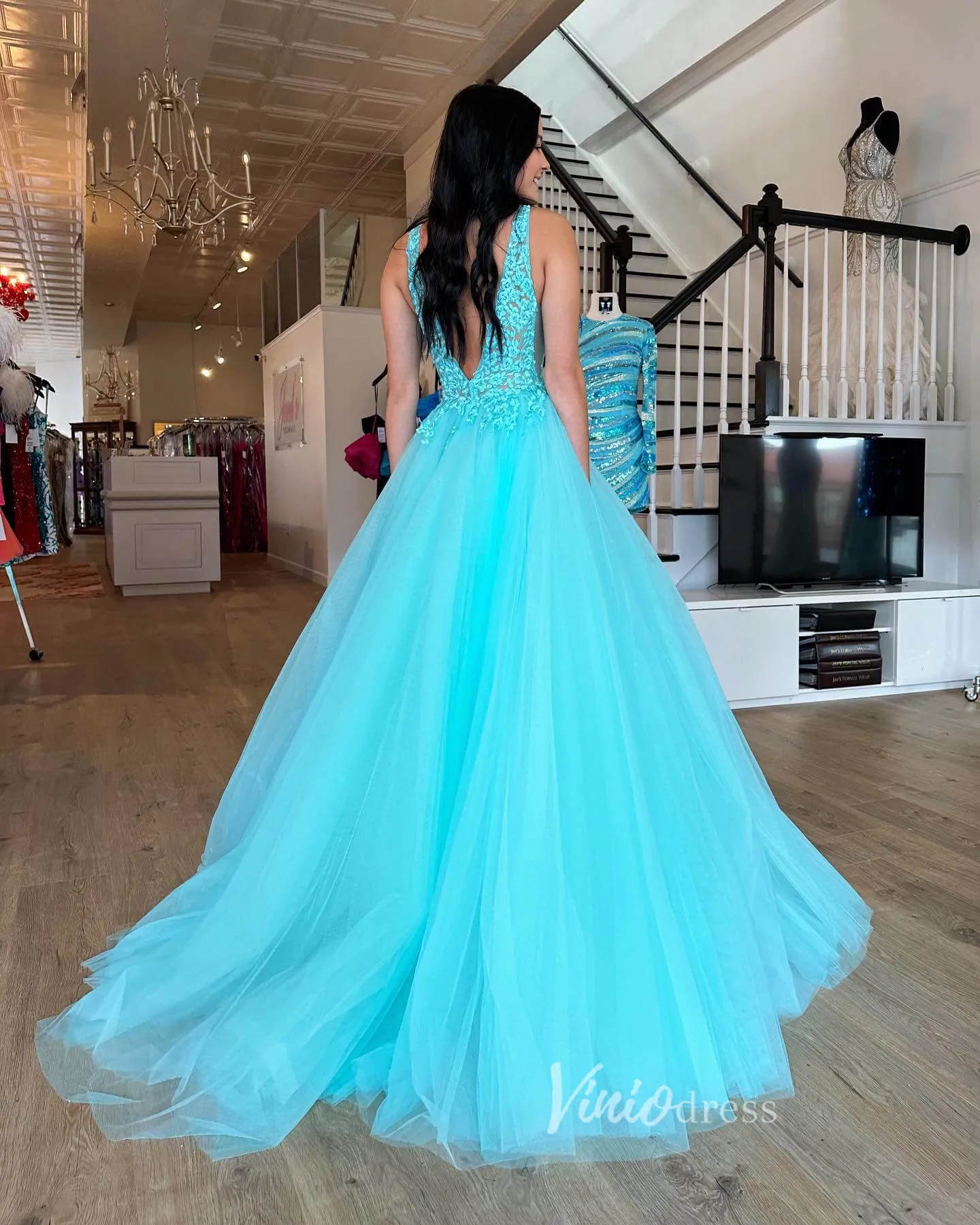 Aqua Lace Applique Prom Dresses V-Neck Formal Gown FD3610