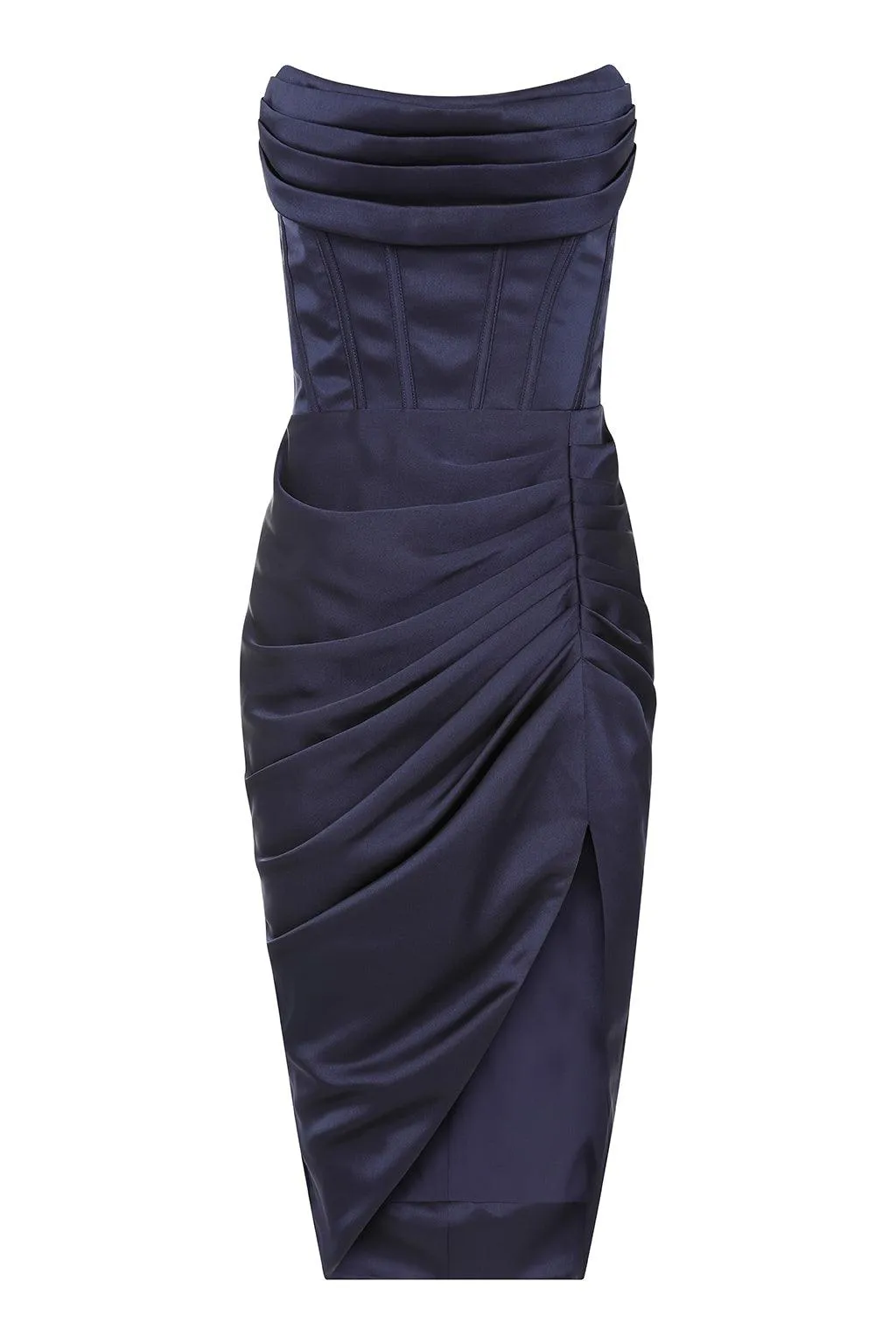 ARIEL Strapless Corset Draped Midi Dress In Navy