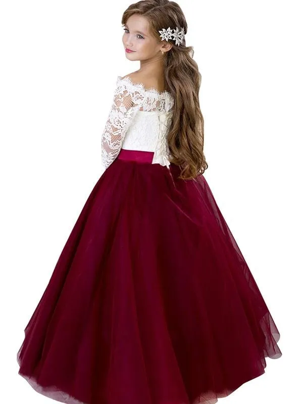 Bateau Neck Aline Flower Girl Dresses  Tulle 3/4 Length Sleeves Floor Length Princess Kids Party Dresses