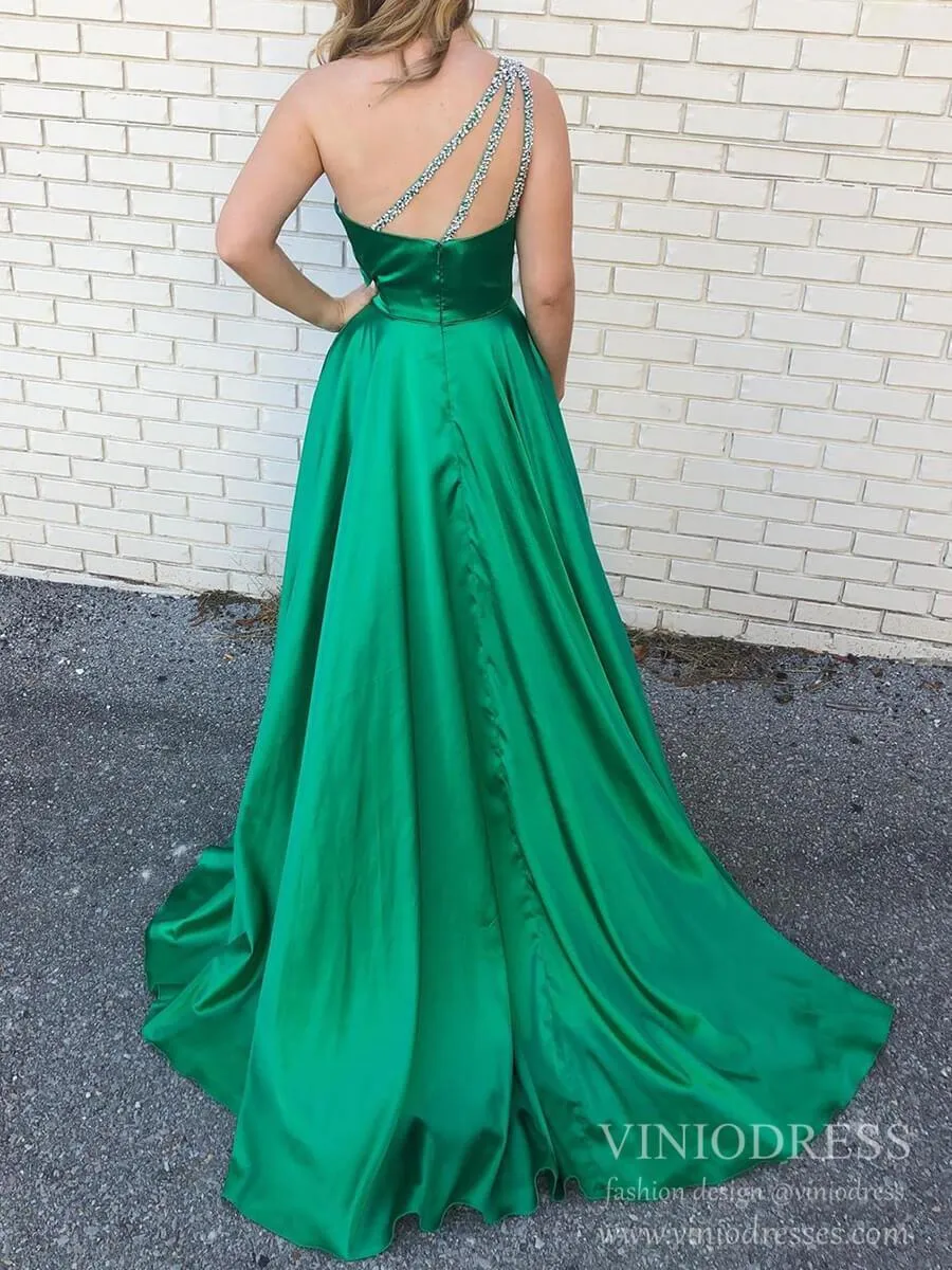 Beaded One Shoulder Green Satin Prom Dresses with Side Slit FD2116