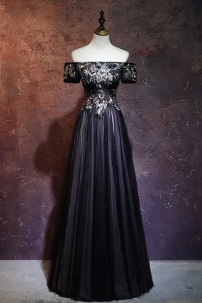 Beauty Off The Shoulder Floor Length Lace Up Long Black Prom Dresses With Appliques