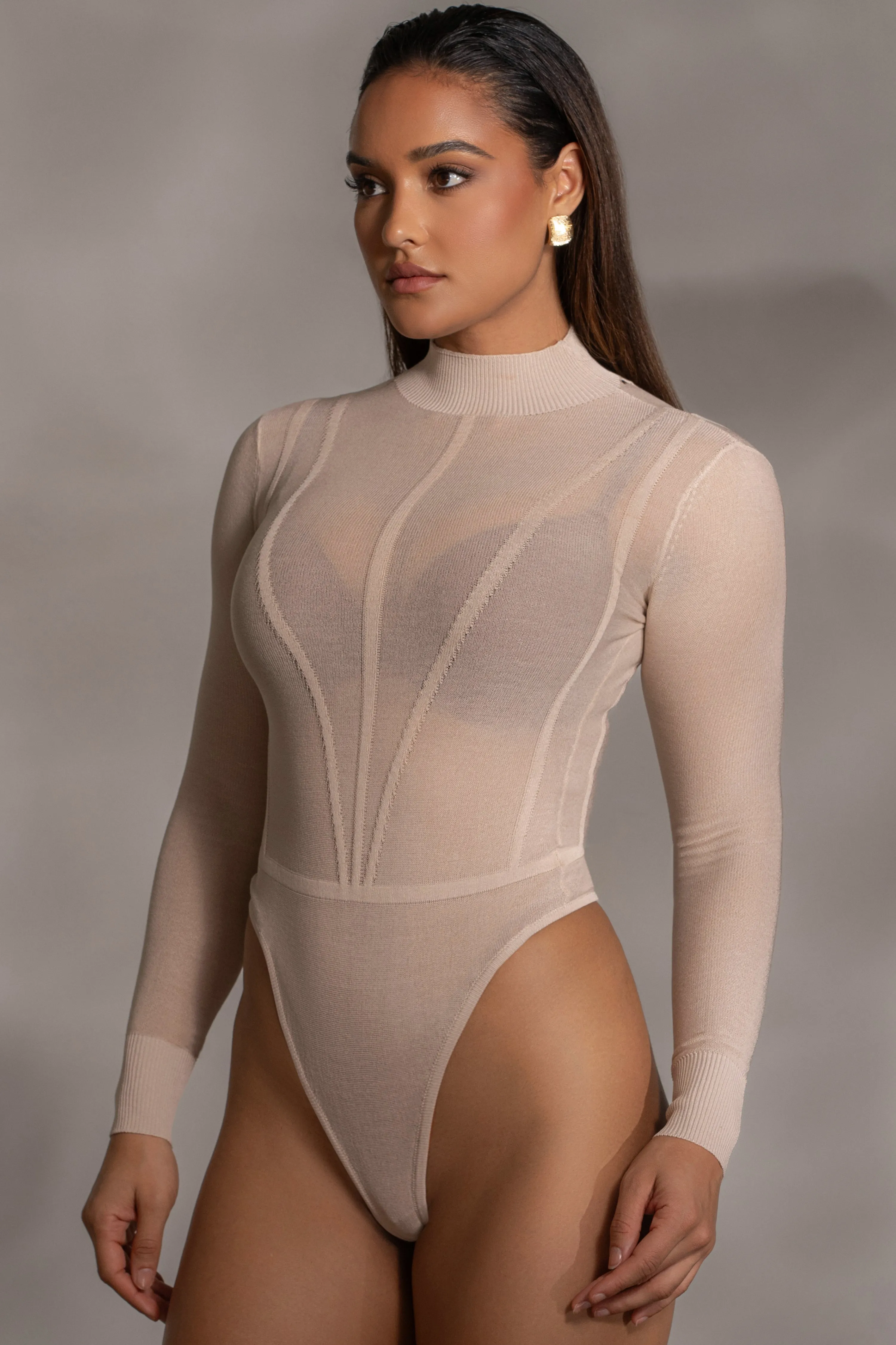 Beige Lori Sheer Knit Bodysuit