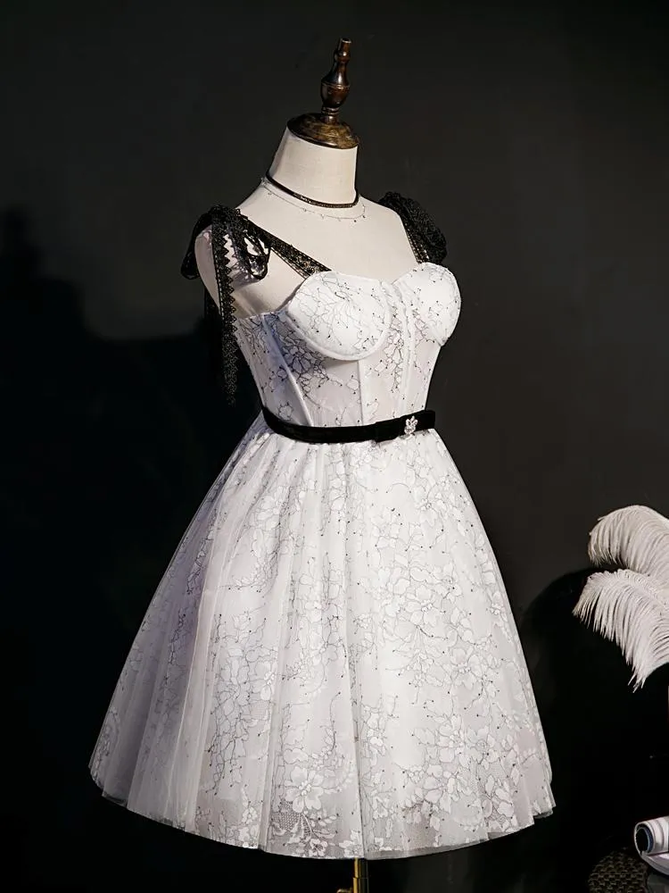 Black and White Floral Lace Homecoming Dresses with Bow SD1367