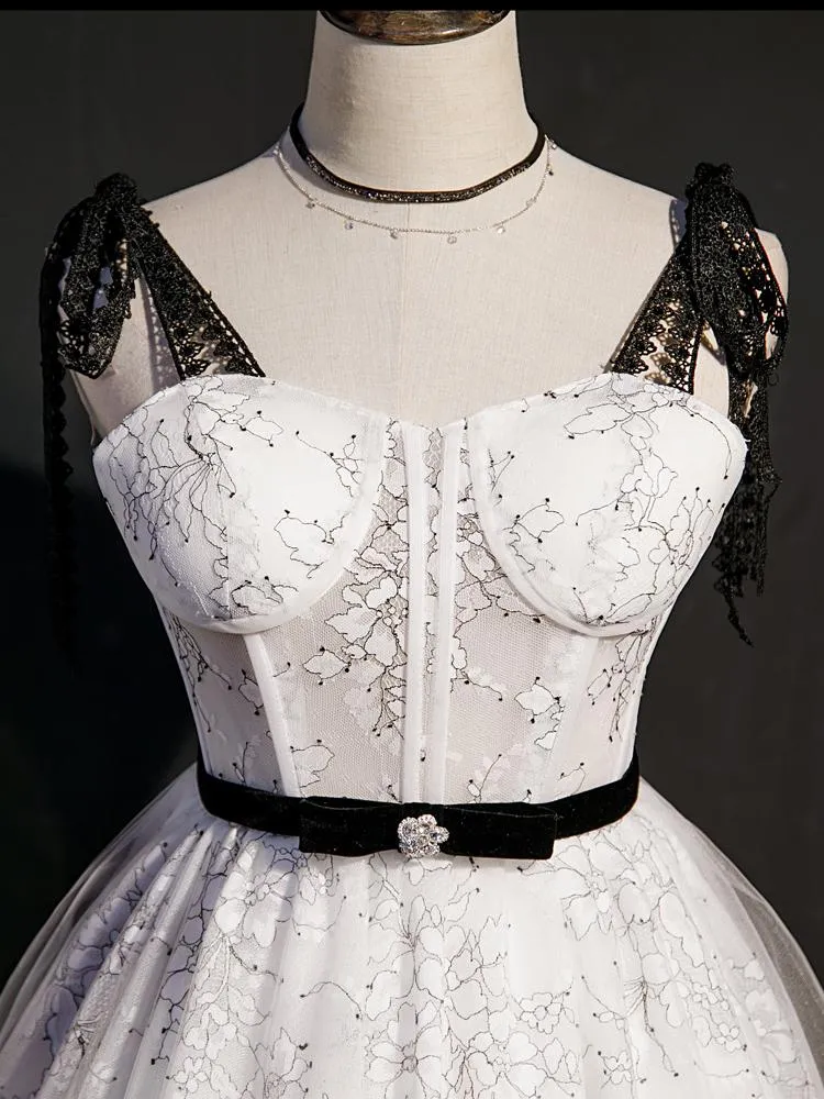 Black and White Floral Lace Homecoming Dresses with Bow SD1367