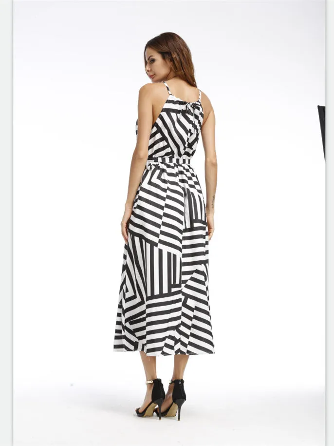 Black and White Striped Halter Empire Waist Dress