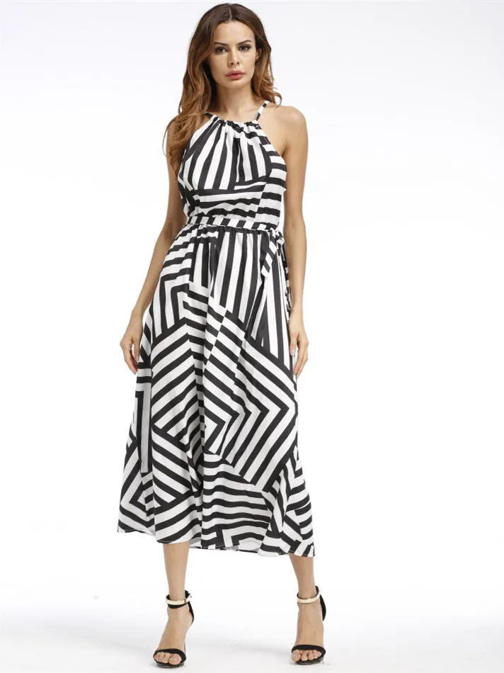 Black and White Striped Halter Empire Waist Dress