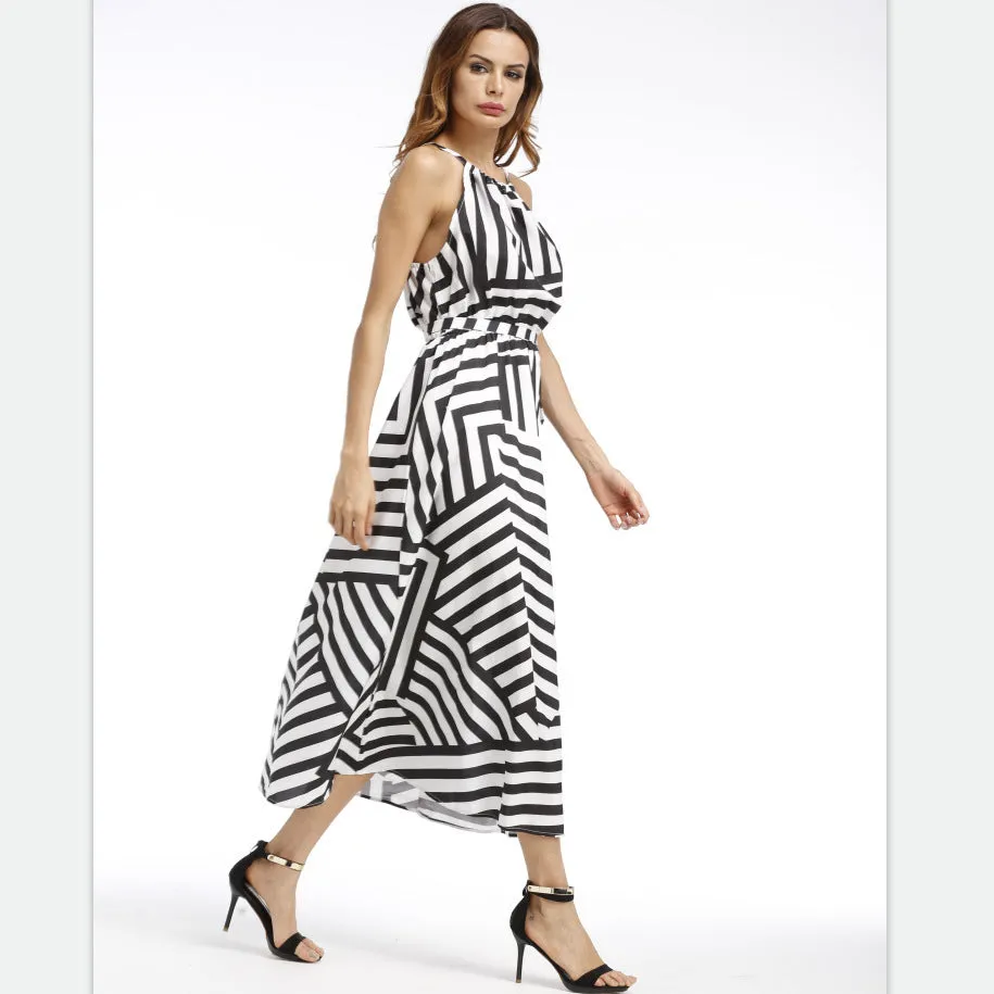 Black and White Striped Halter Empire Waist Dress