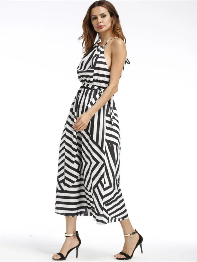 Black and White Striped Halter Empire Waist Dress