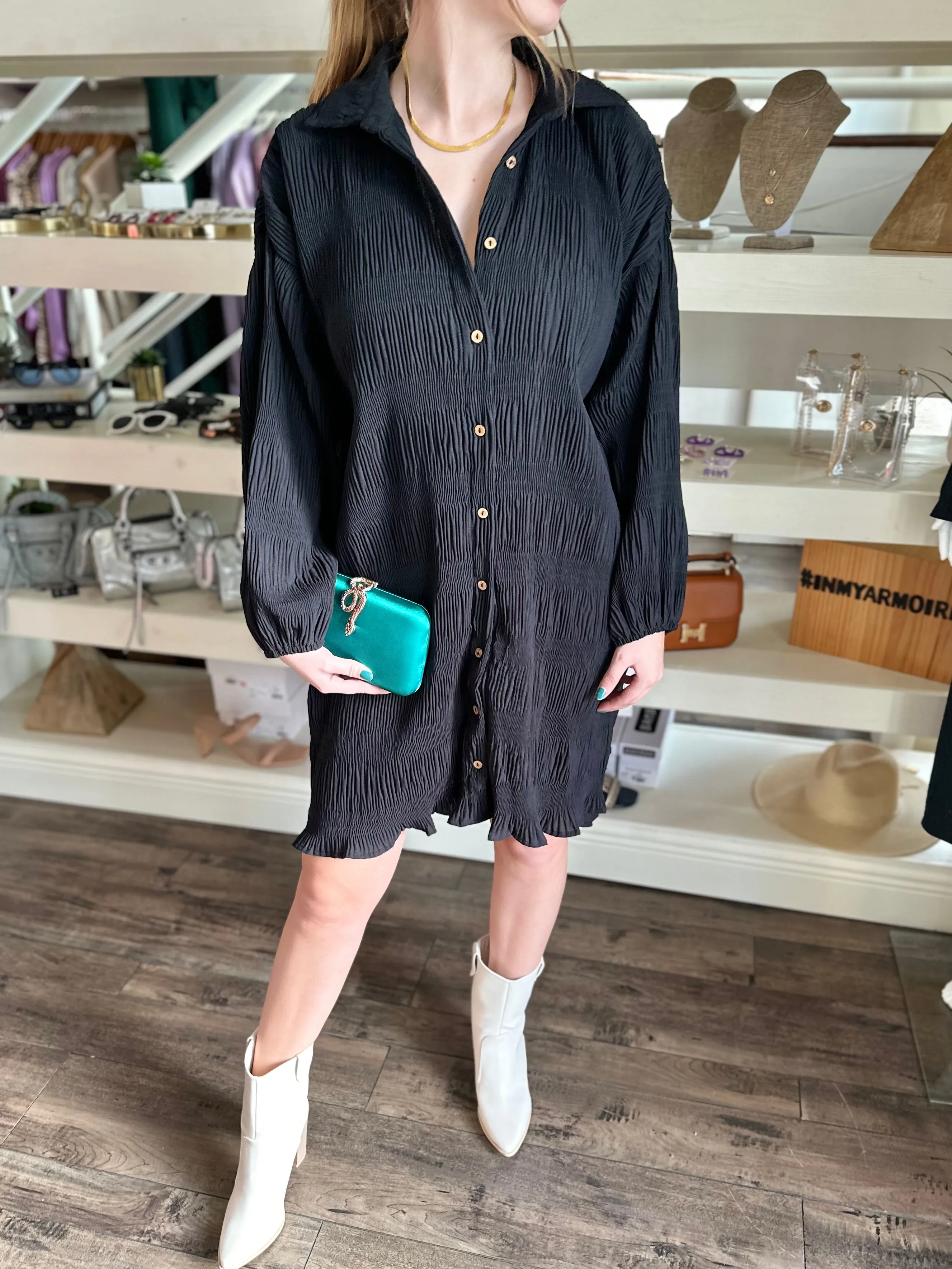 Black Crinkle Shirt Dress