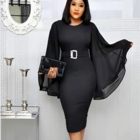 Black Elegant Women Office Chiffon Flare Bodycon Midi Dresses