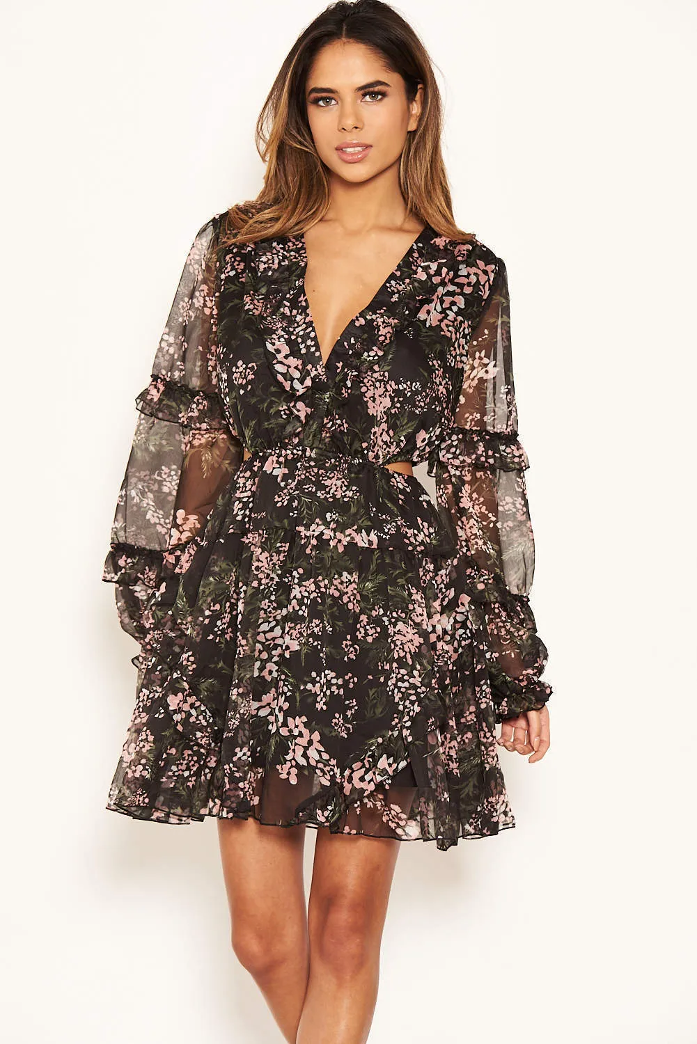 Black Floral Frill Cut Out Dress