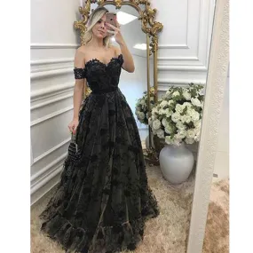 Black Lace Off the Shoulder Sexy Sweetheart Elegant Long Prom Dresses, WG776