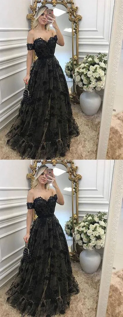 Black Lace Off the Shoulder Sexy Sweetheart Elegant Long Prom Dresses, WG776