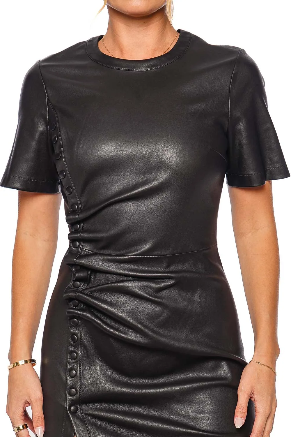 Black Leather Buttoned Mini Dress