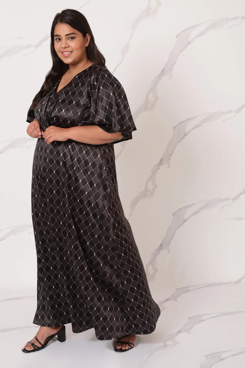 Black Motifs Satin Knot Dress