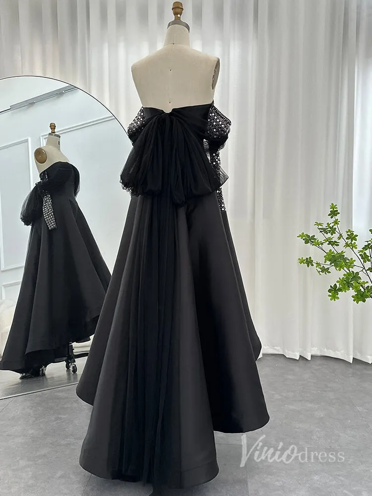 Black Off the Shoulder High Low Prom Dresses Beaded Long Sleeve Formal Dress AD1189