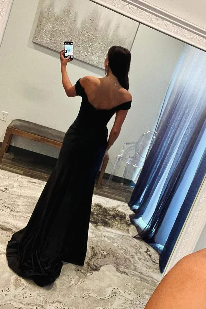 Black Off the Shoulder Satin Mermaid Long Prom Dresses,BD93320