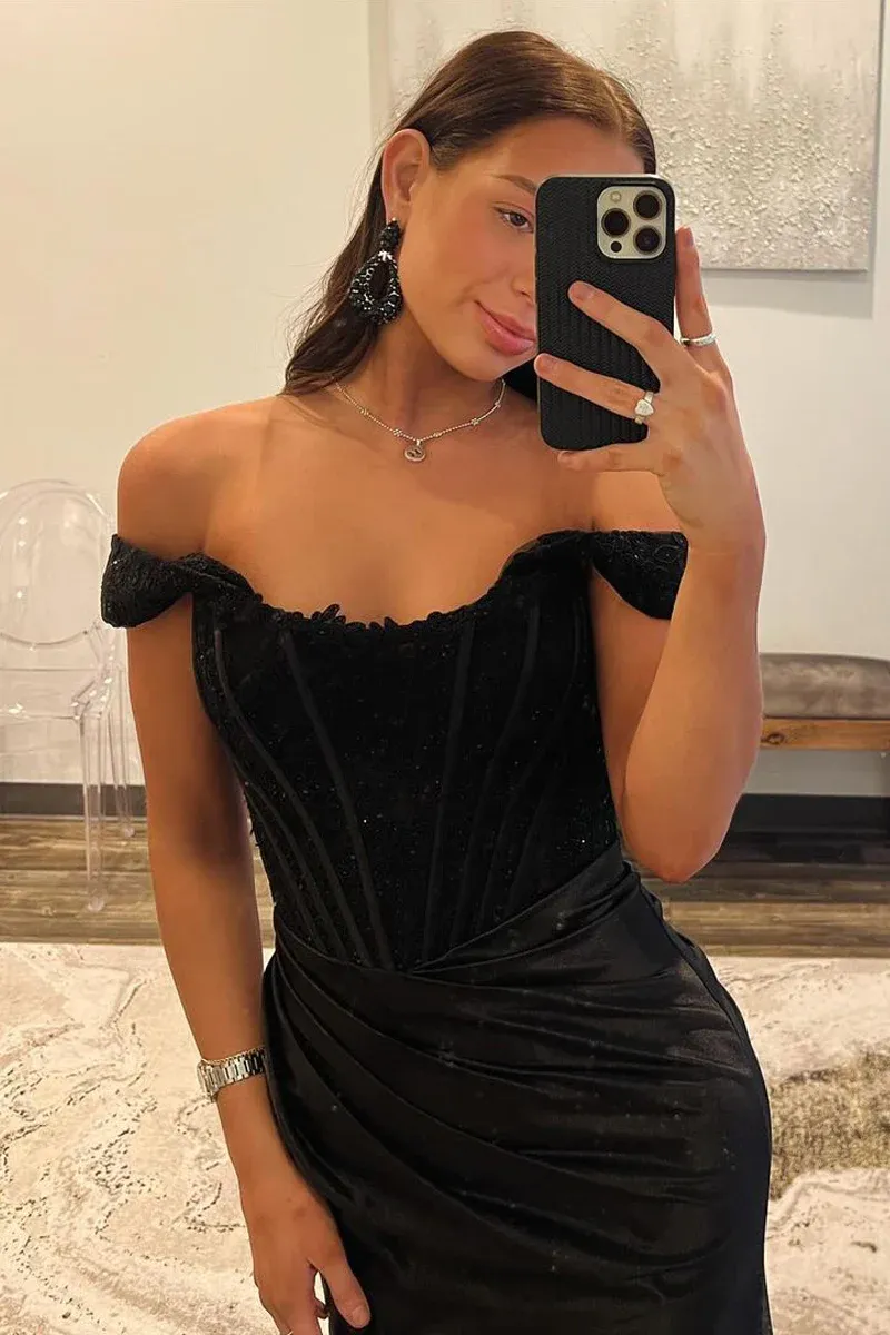 Black Off the Shoulder Satin Mermaid Long Prom Dresses,BD93320