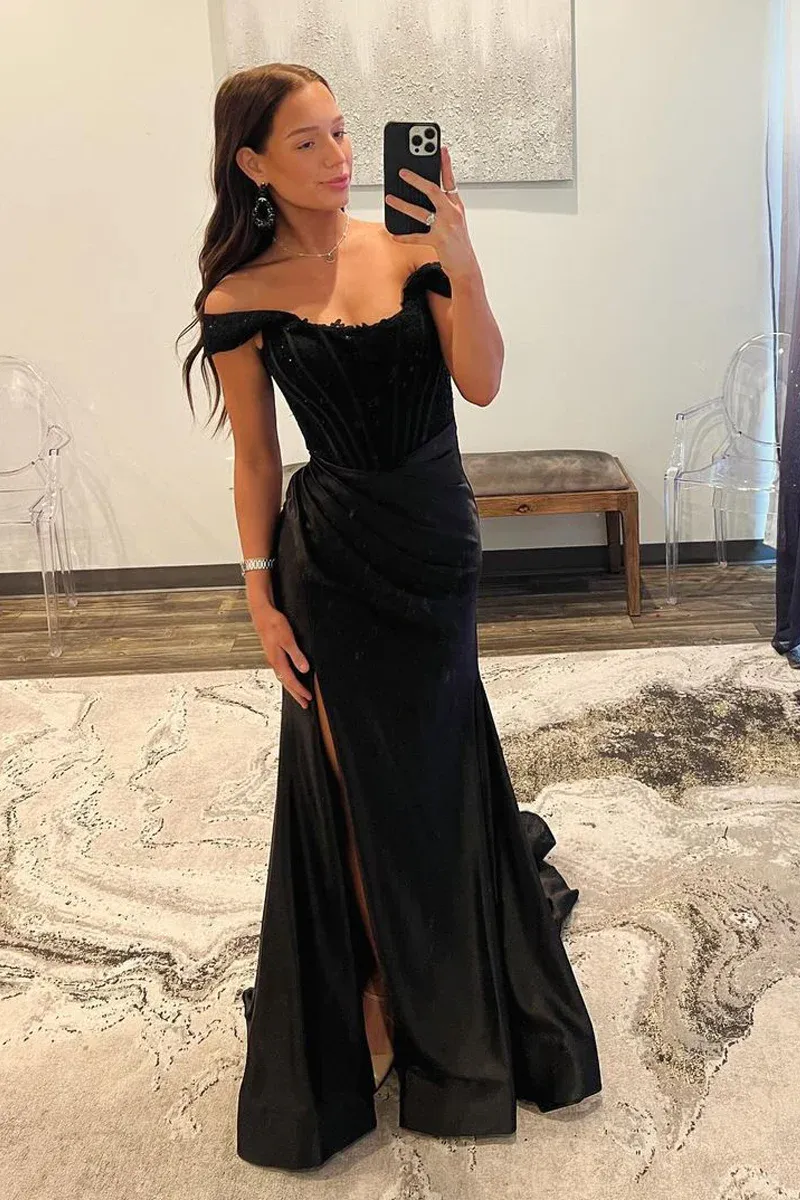 Black Off the Shoulder Satin Mermaid Long Prom Dresses,BD93320