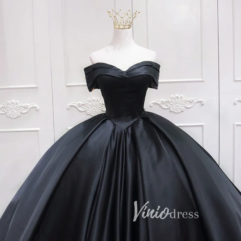 Black Satin Quinceanera Dresses Off the Shoulder Prom Ball Gown FD3457