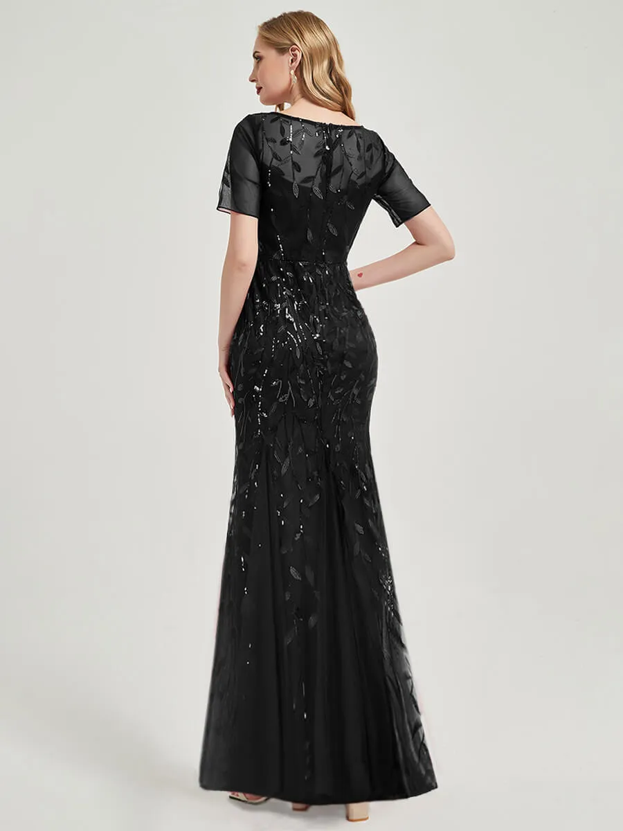 Black Sheer Sleeves Floor Length Sequin Tulle Mermaid Evening Dresses