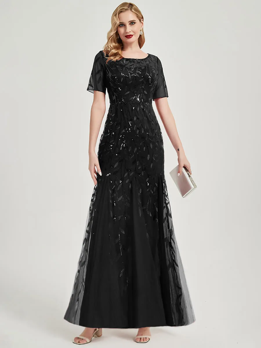 Black Sheer Sleeves Floor Length Sequin Tulle Mermaid Evening Dresses