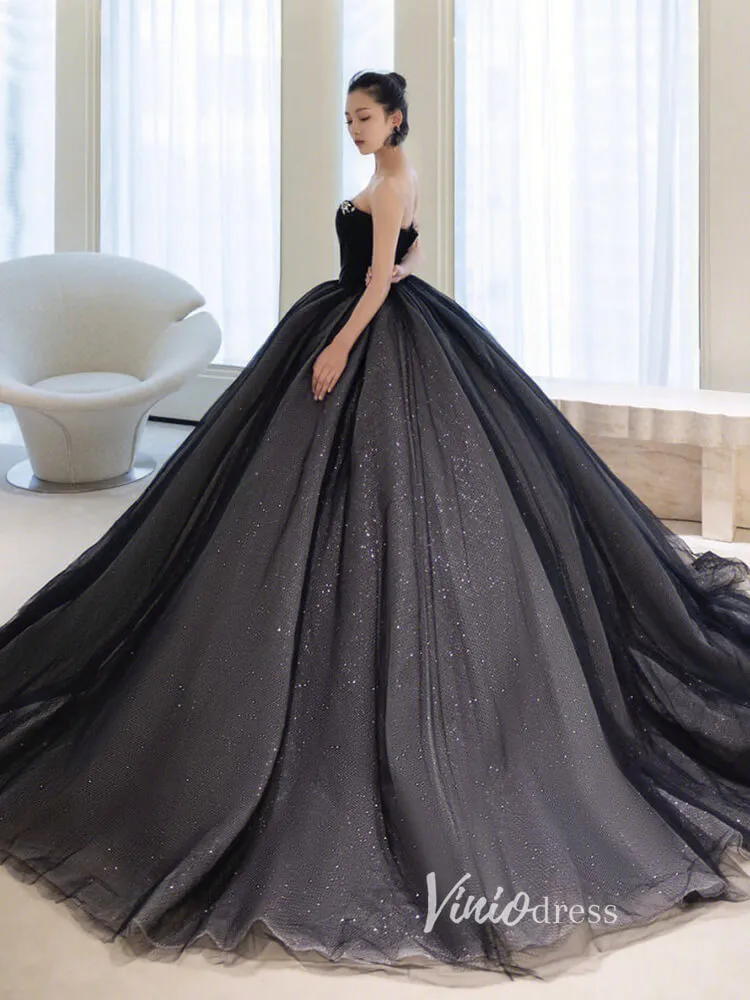 Black Sparkly Tulle Quinceanera Dresses Strapless Prom Ball Gown FD3248