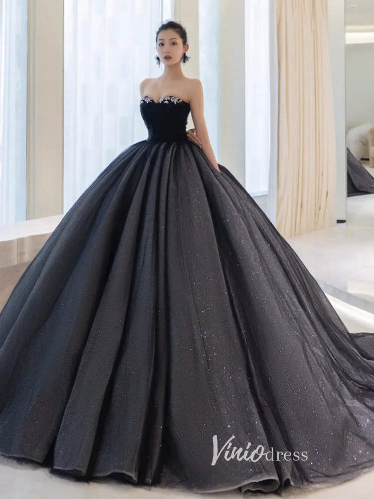 Black Sparkly Tulle Quinceanera Dresses Strapless Prom Ball Gown FD3248